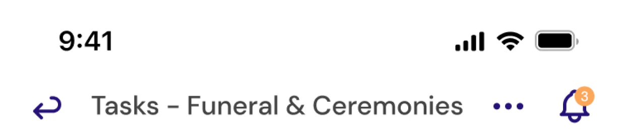 The new navigation: a single focused bar reading Tasks – Funeral & Ceremonies