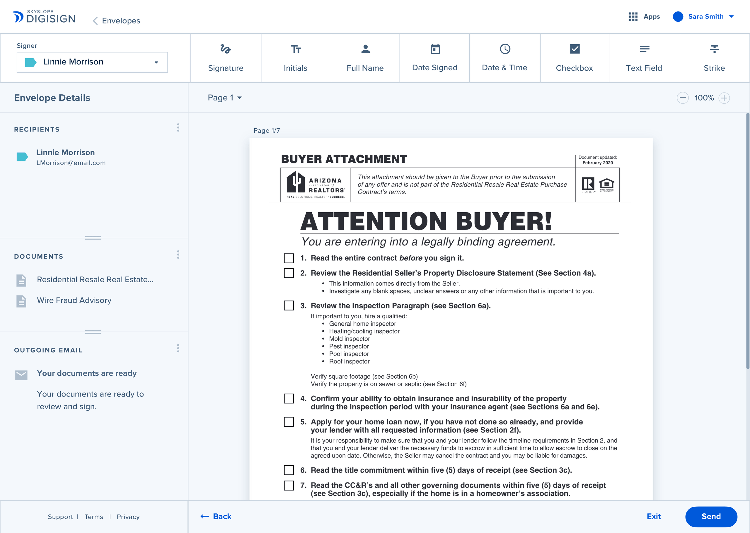 SkySlope interface showing document and signing tools for real estate agents
