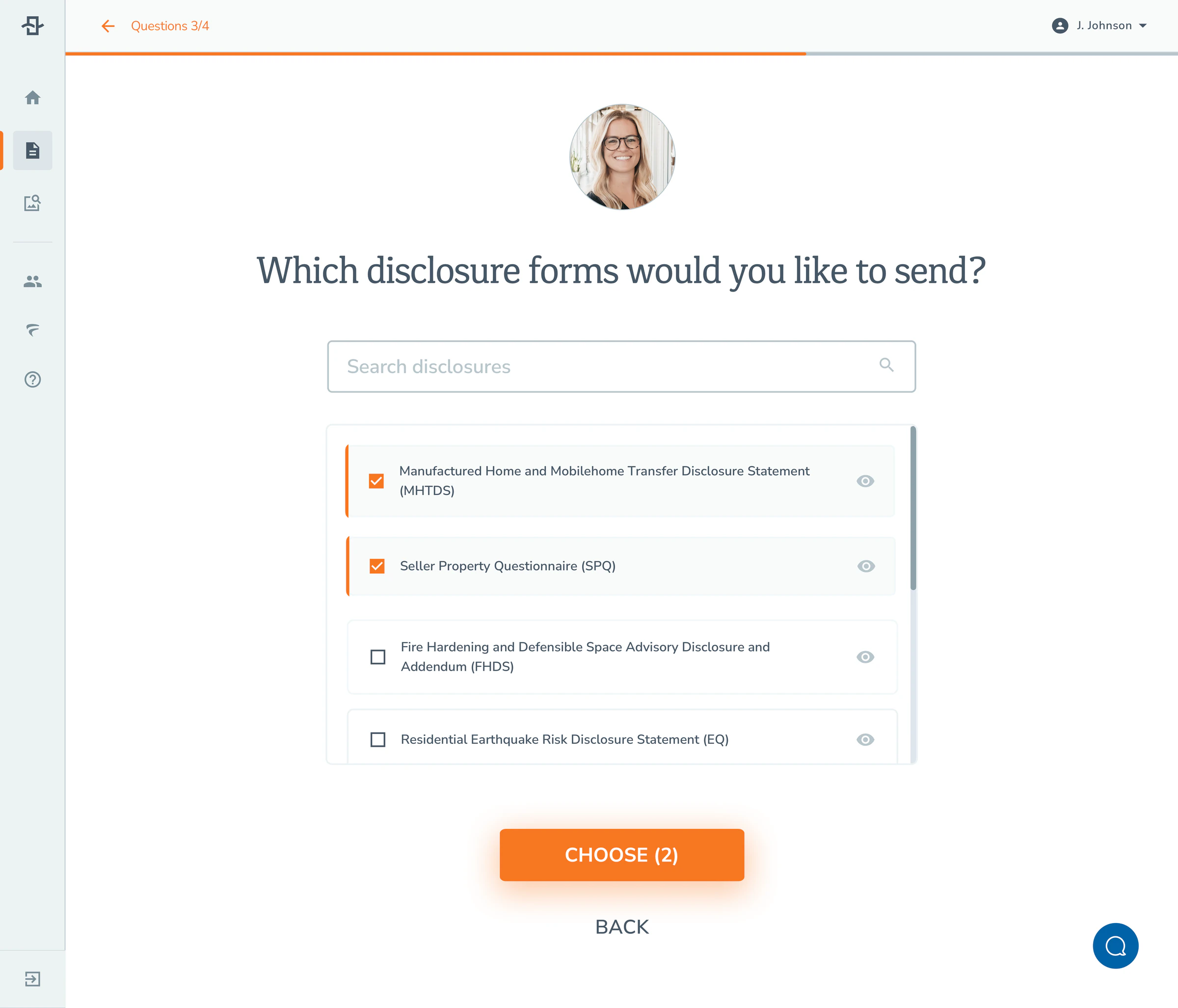 Selecting disclosure forms in Breeze