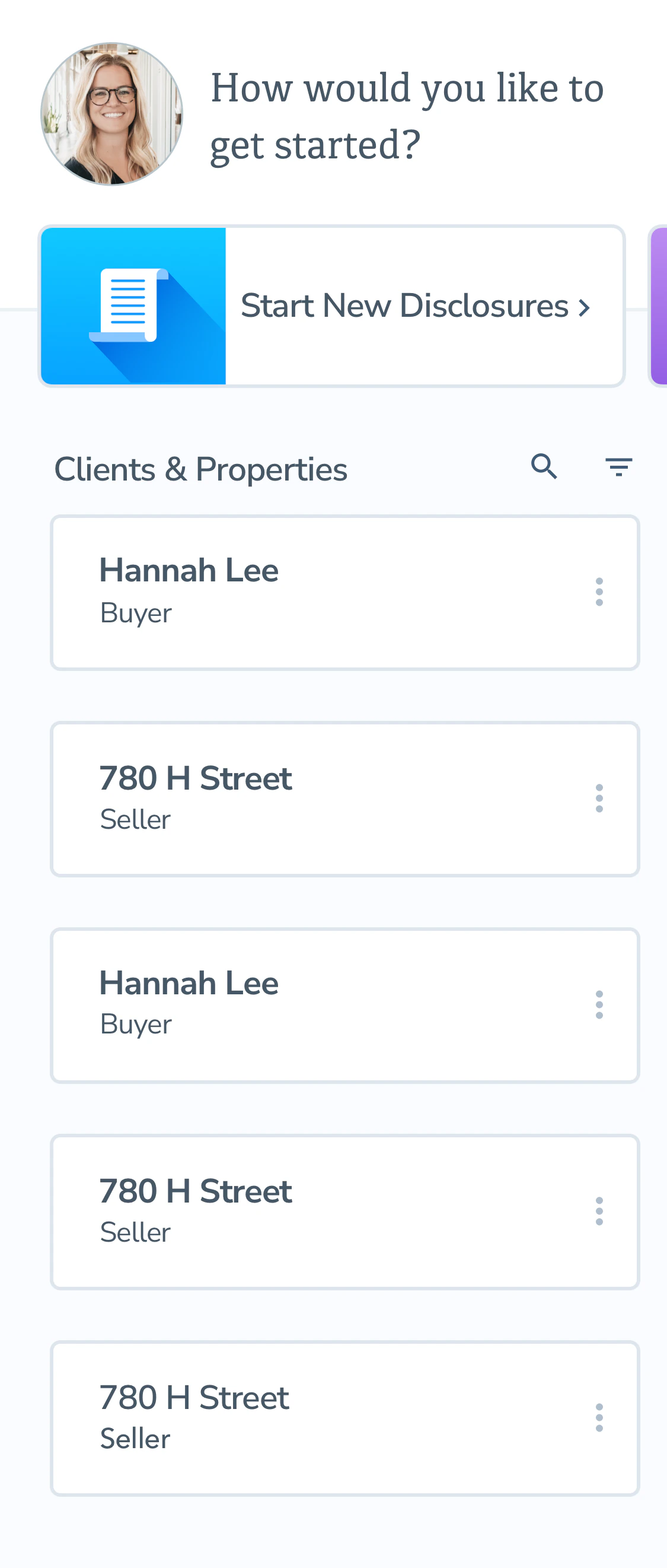 Breeze on mobile, the dashboard with Start New Disclosures and a list of clients and properties