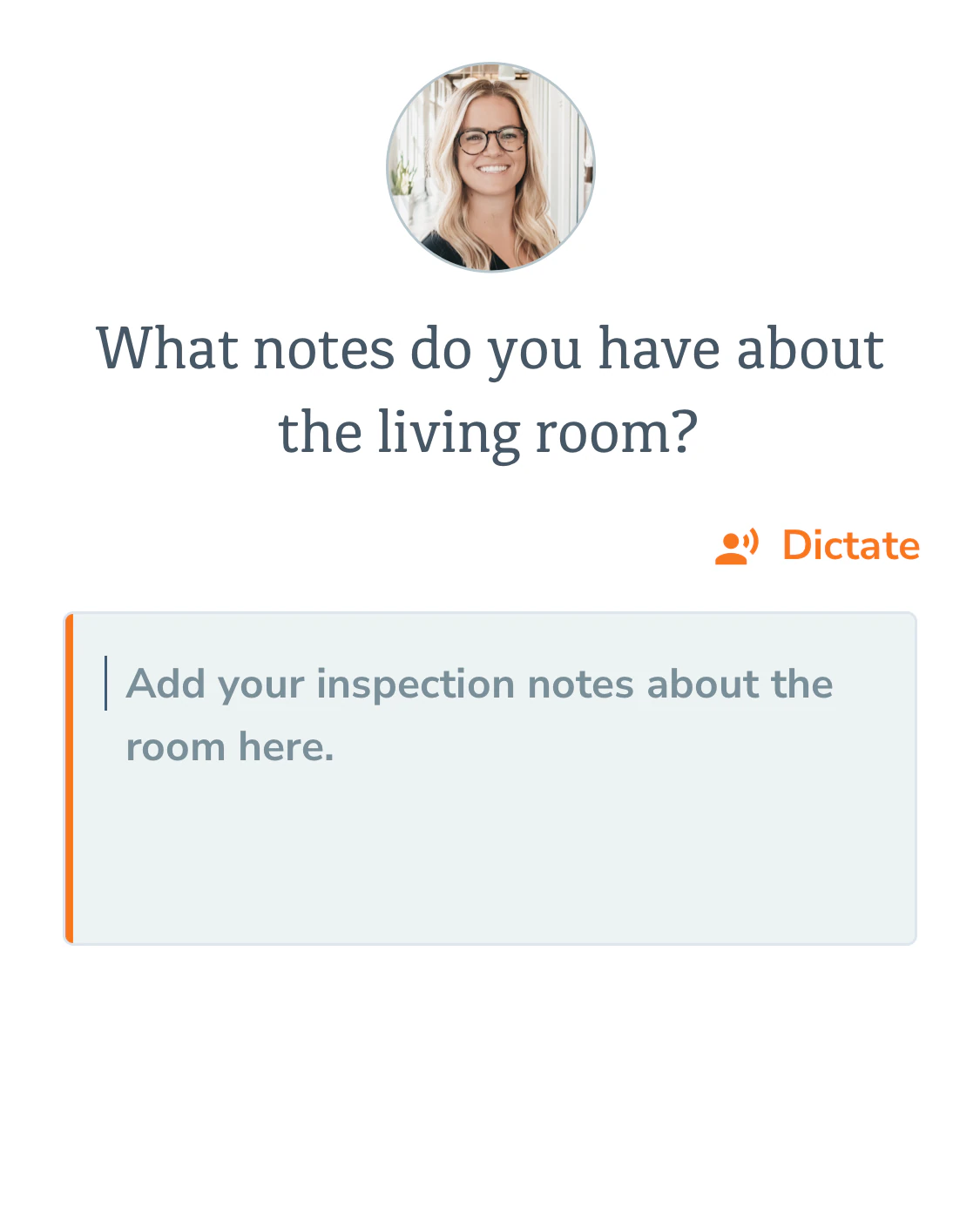 Breeze on mobile, an AVID inspection question with a notes field and a dictate option