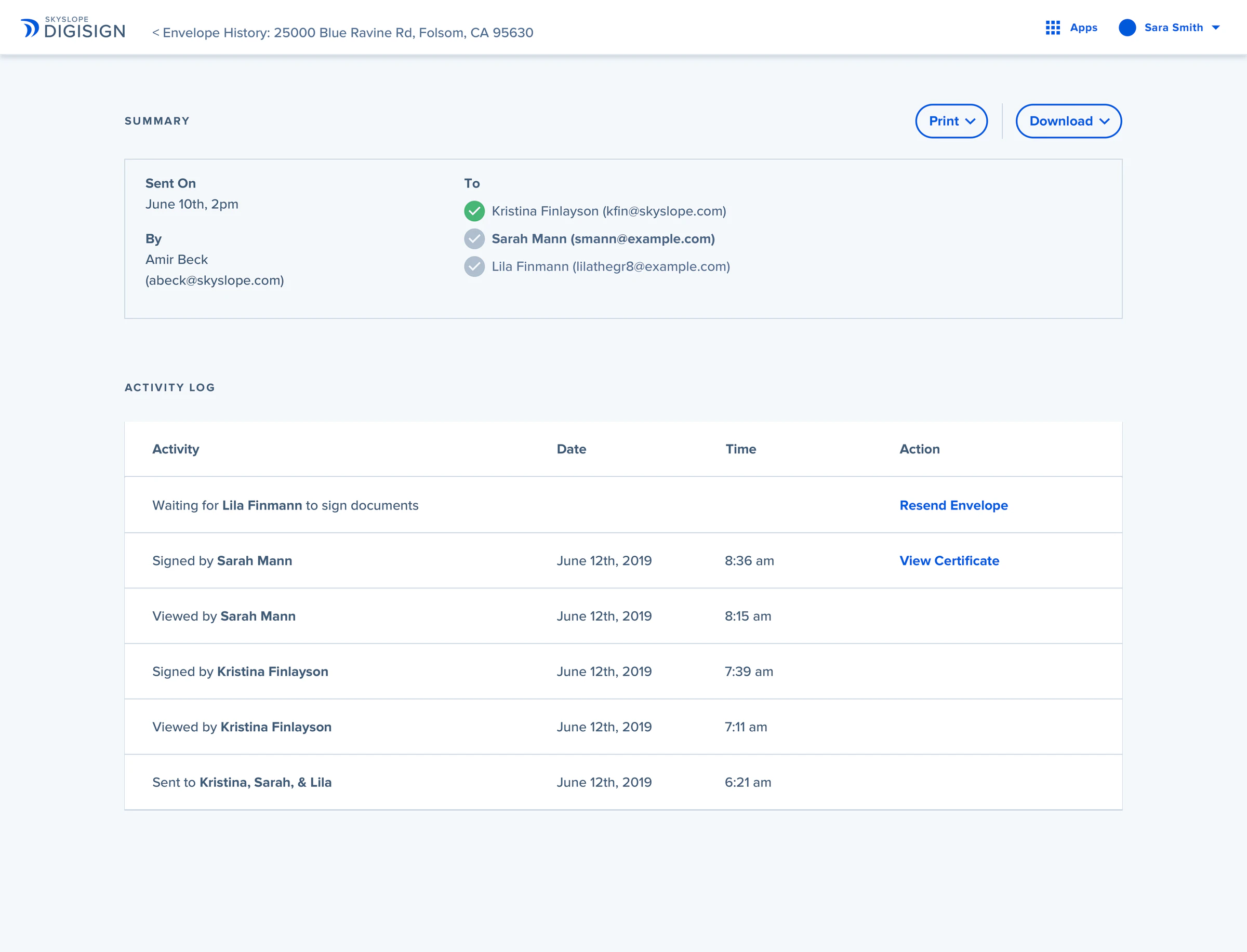 Envelope history, with a summary of recipients and an activity log of sends, views, and signatures