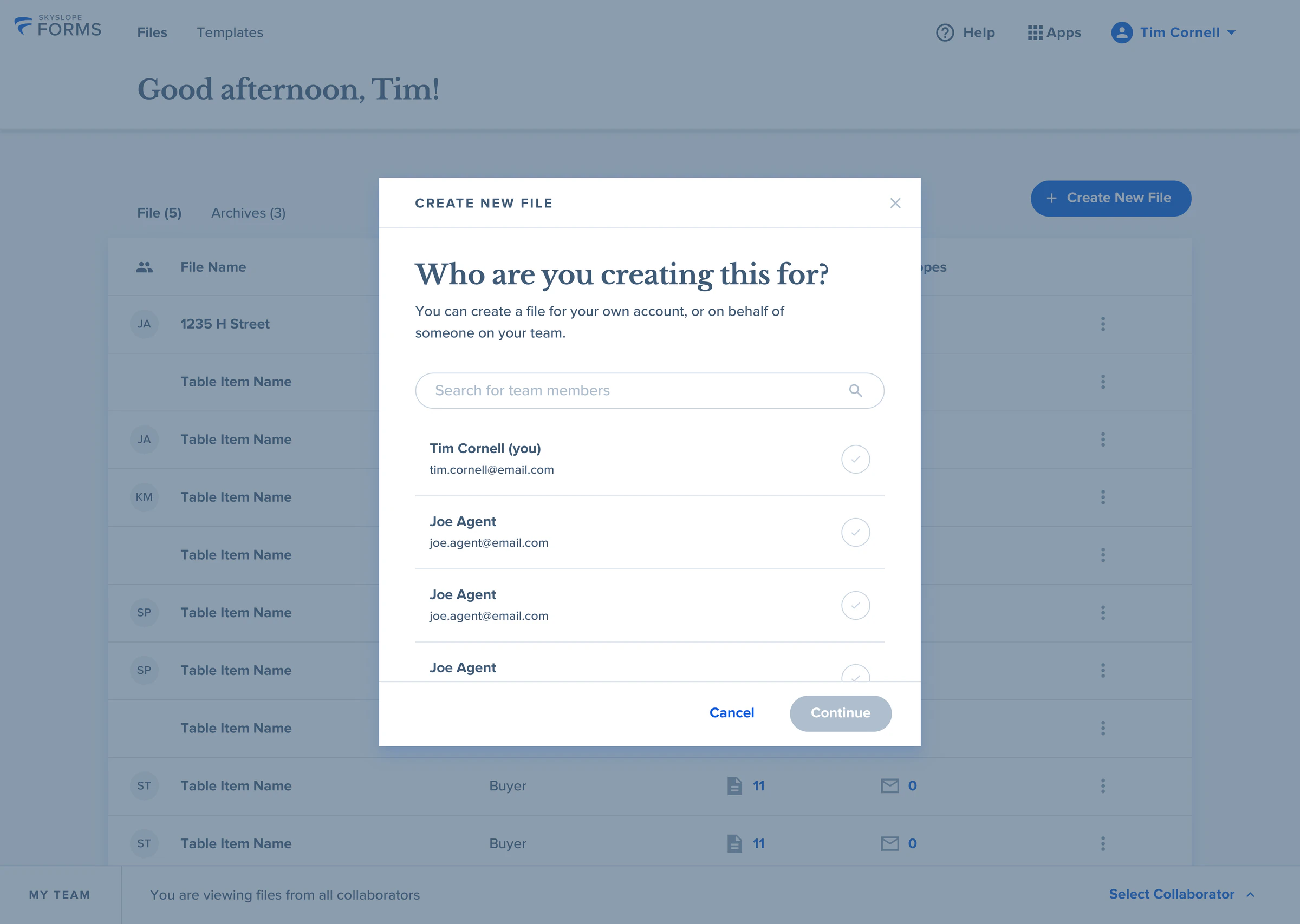 Choosing which team member a new file is created for in Forms