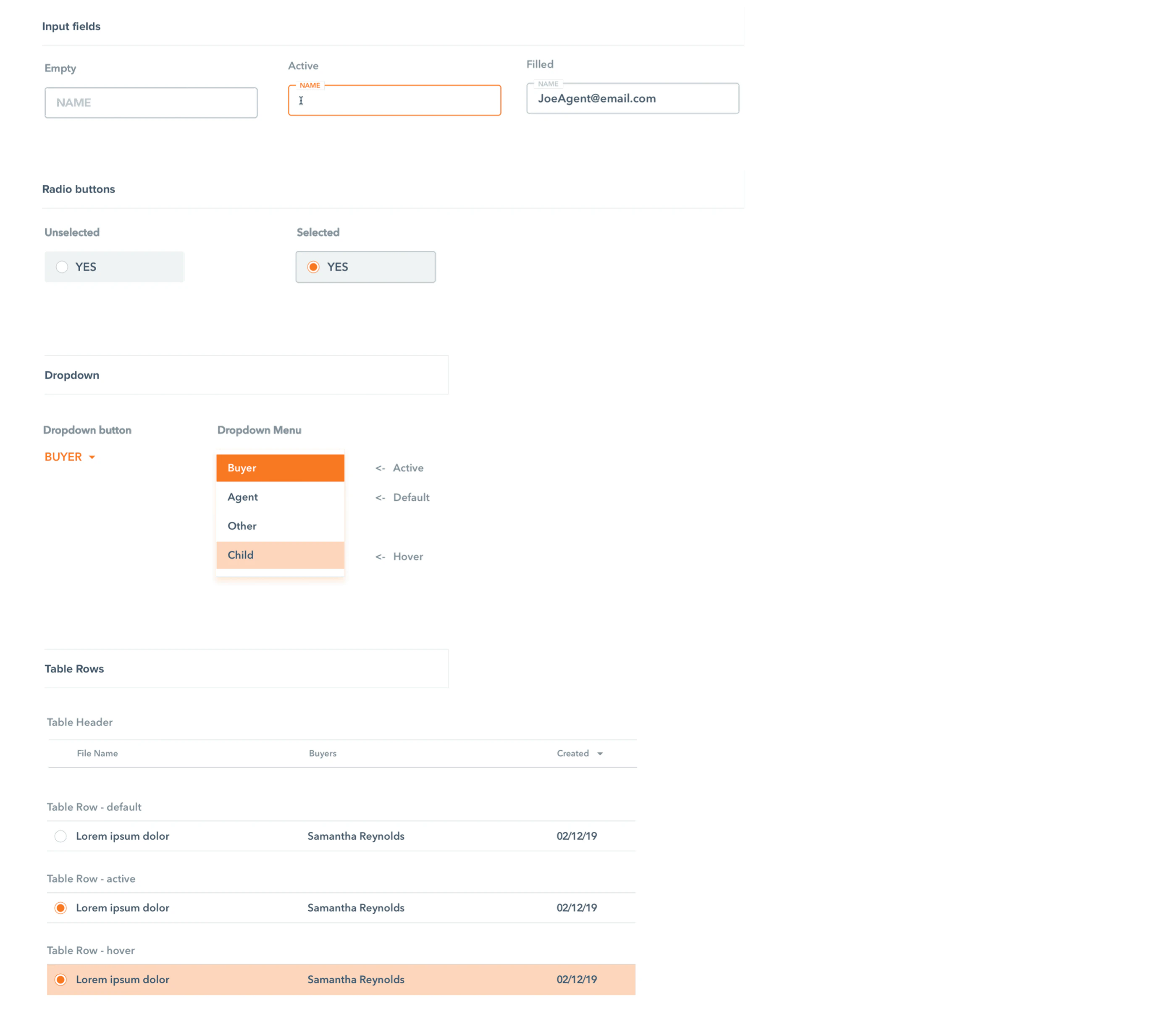 EasyPeady inputs, radios, dropdown, and table states