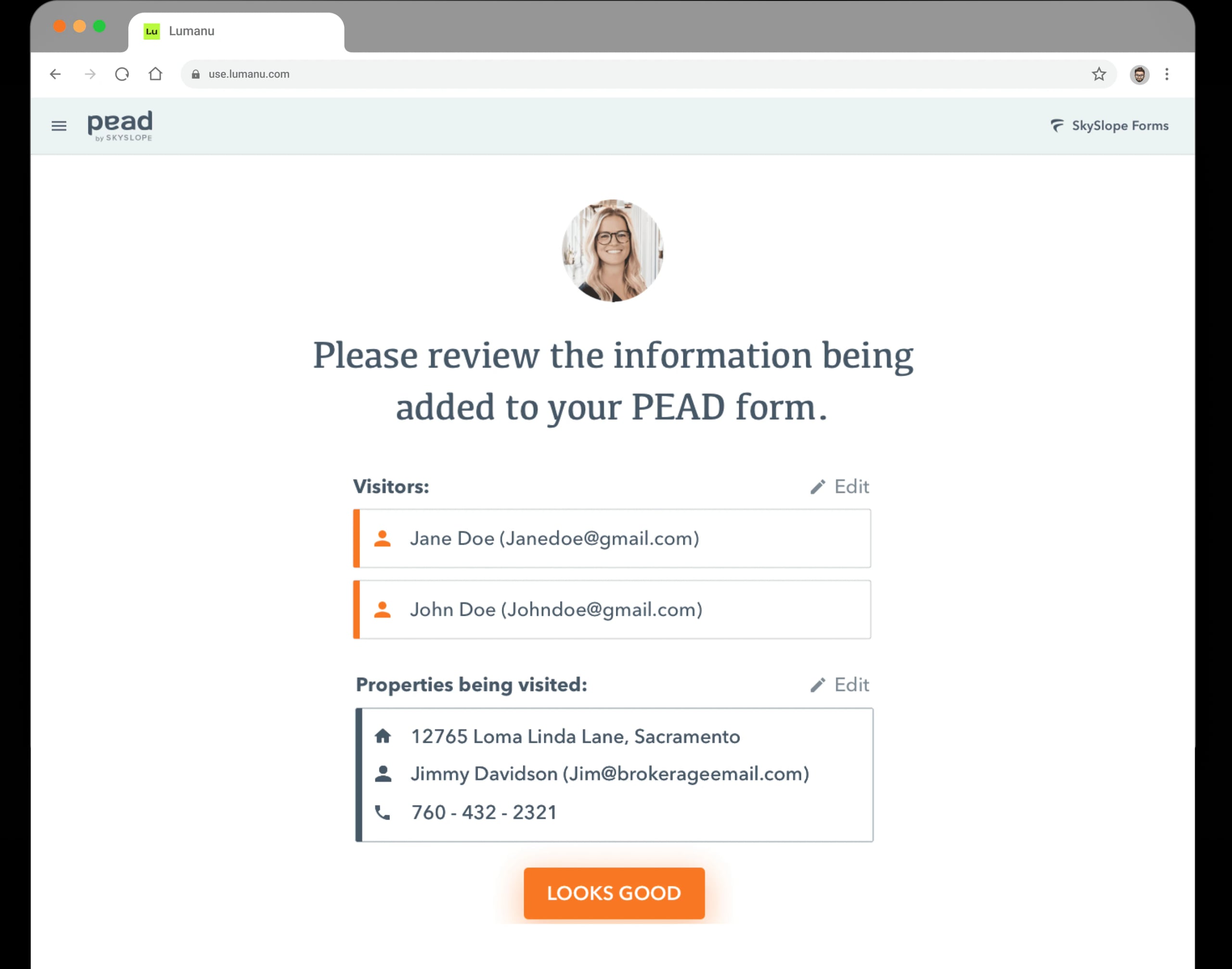 Review screen before information is added to the PEAD form