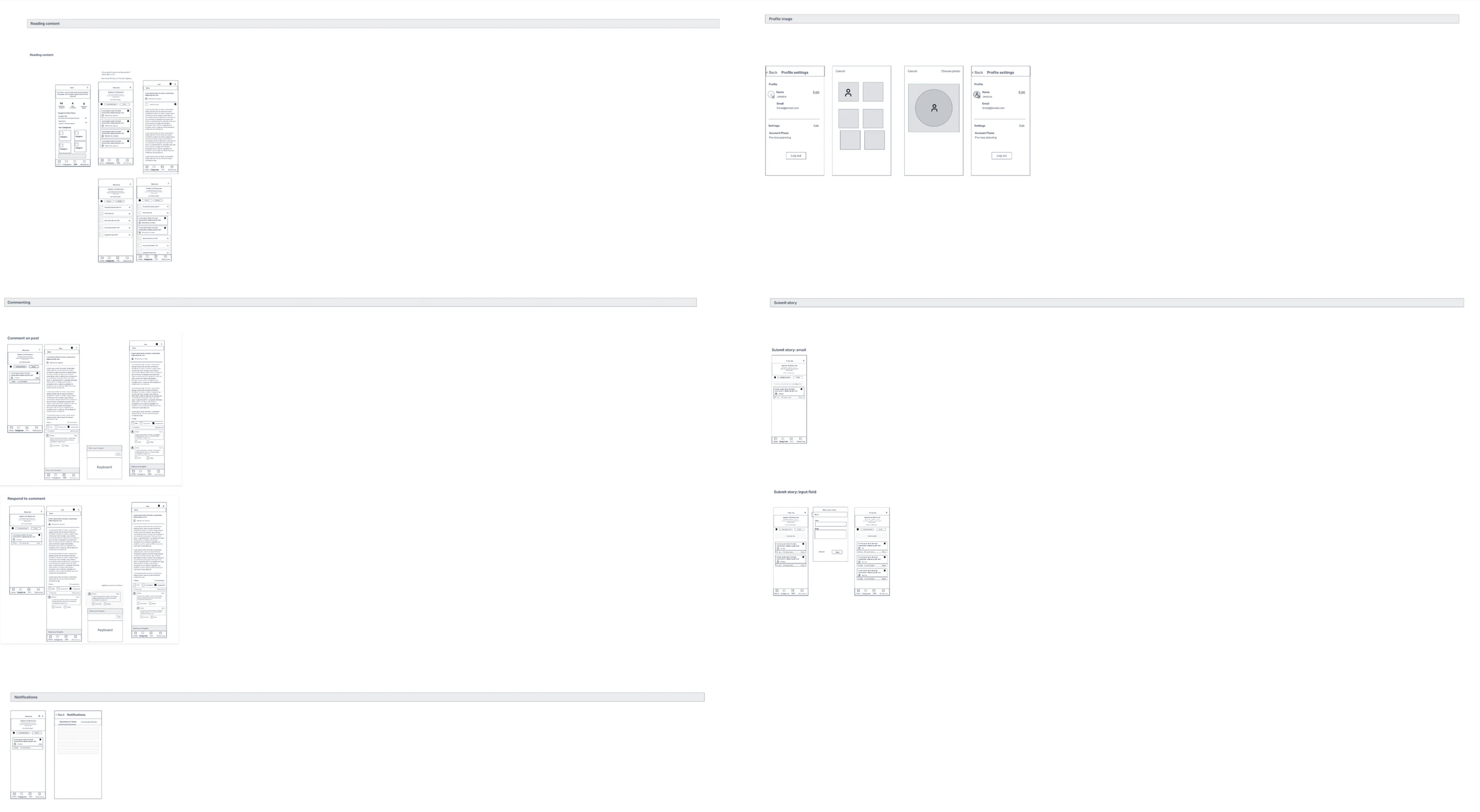 Wireframes for the community flow