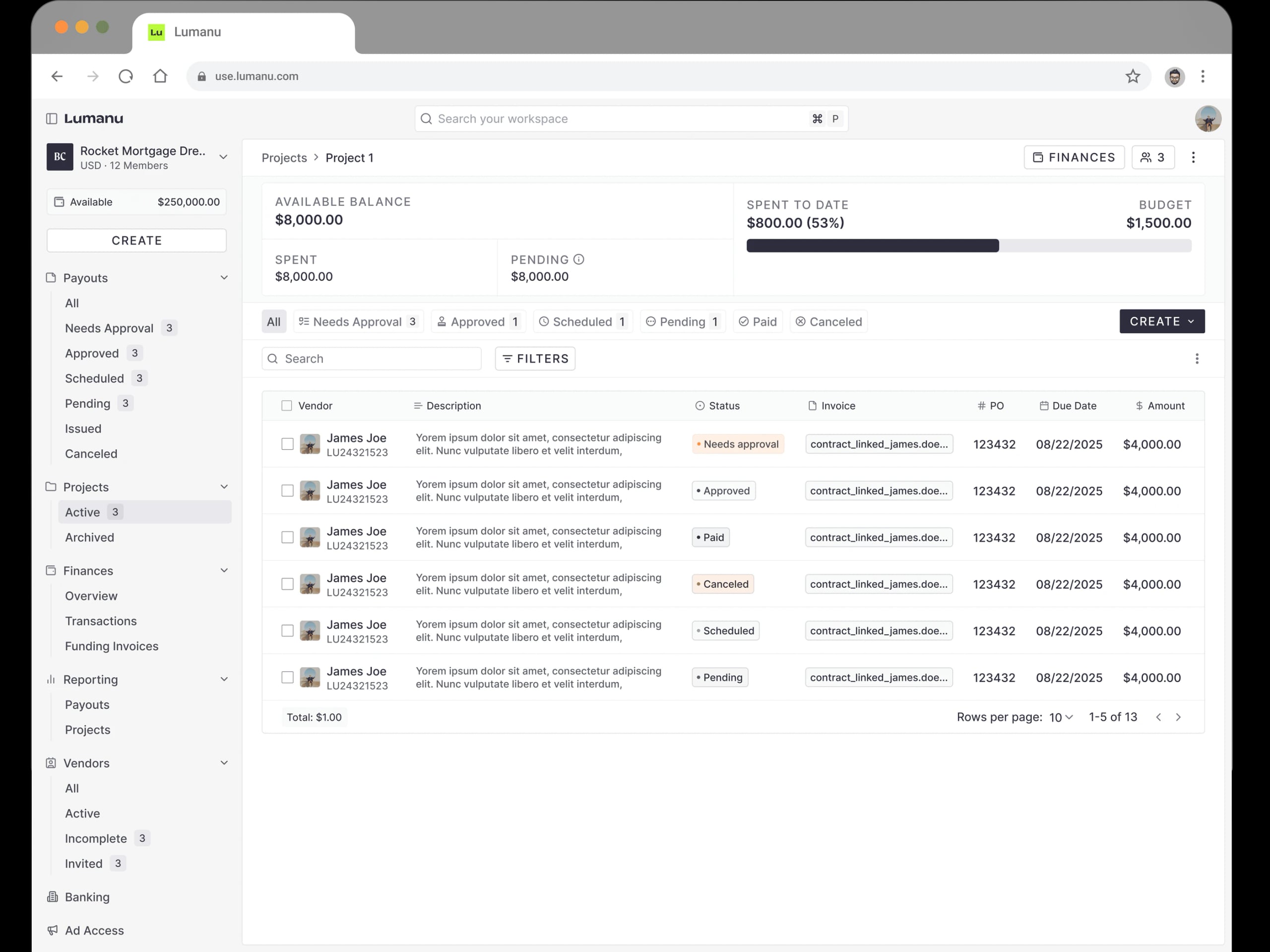 Lumanu buyer dashboard, a role aware homepage showing an overview of the workspace