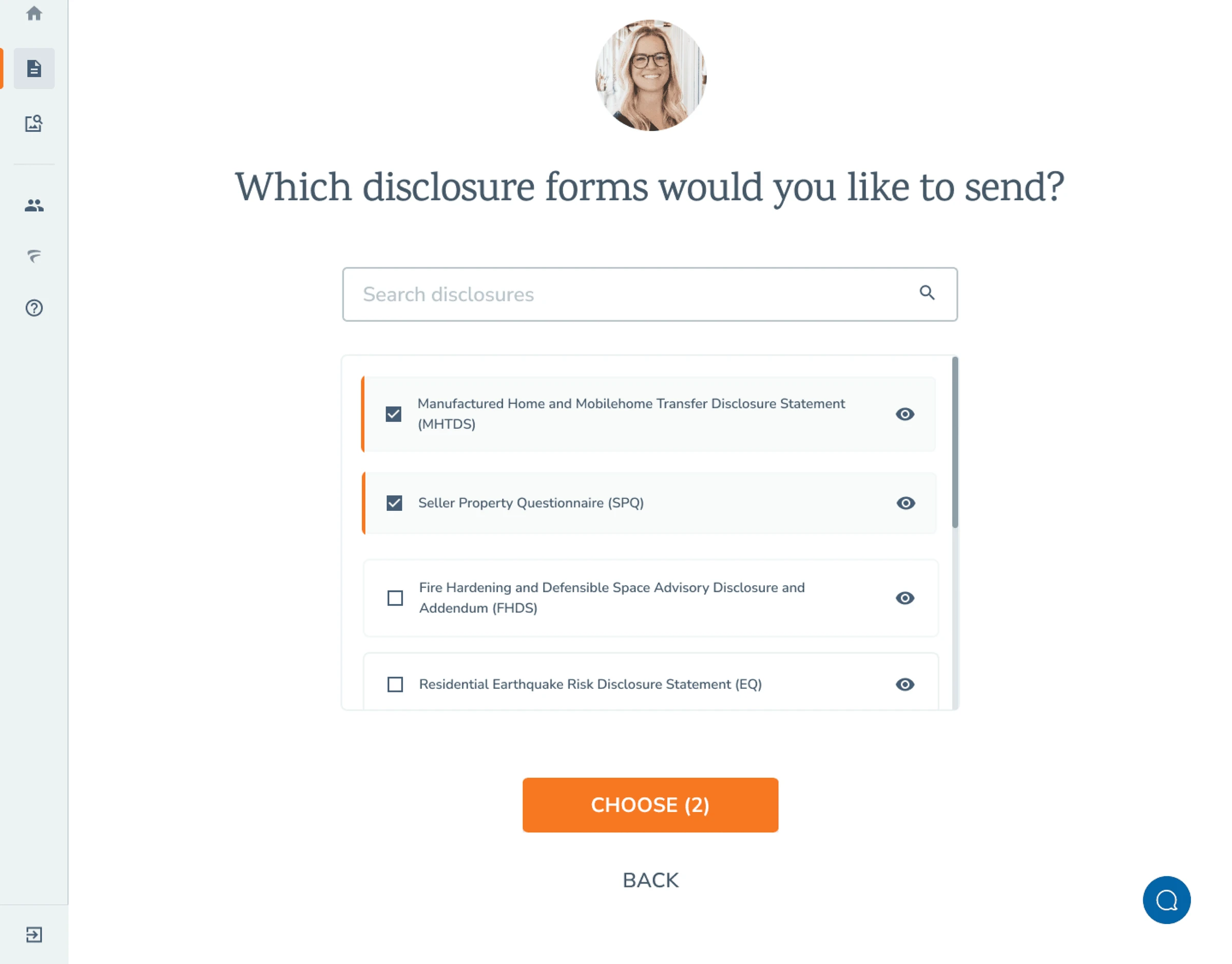Selecting disclosure forms in Breeze